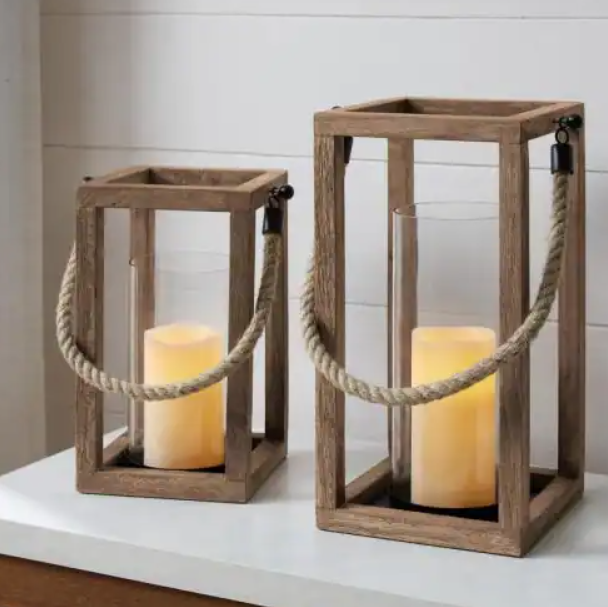 Set of 2 Wood Lantern Candle Holder