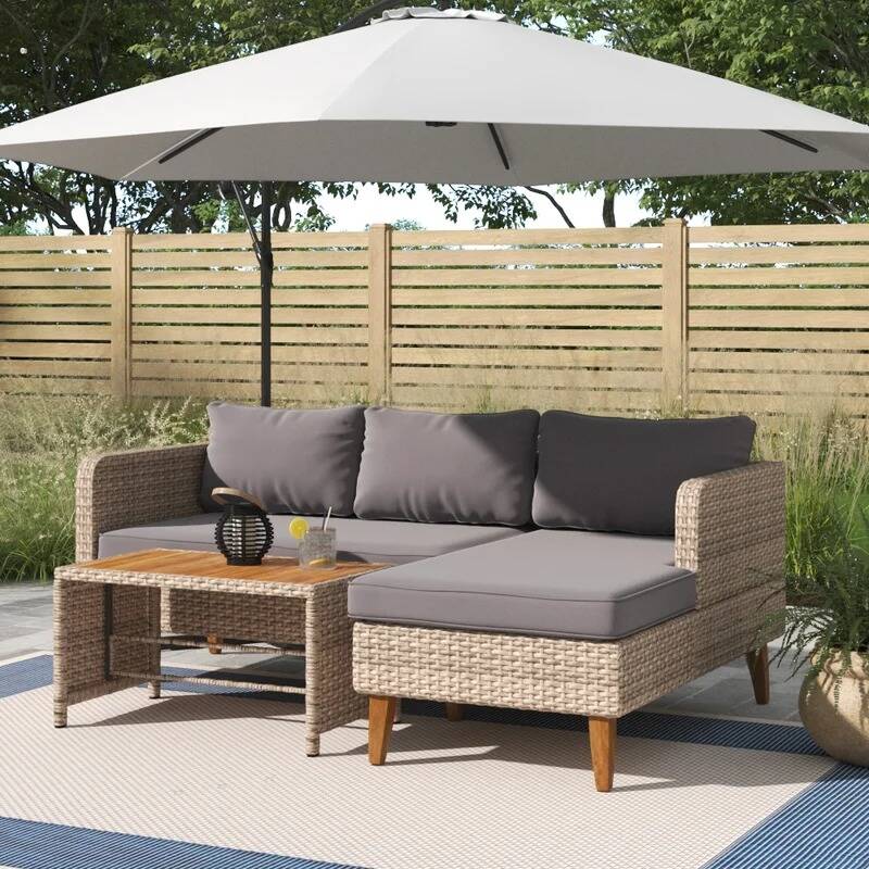 3-Piece Patio Wicker Sectional & Wood Tabletop w/ Cushions