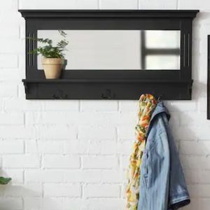 Wood Floating Wall Shelf w/ Mirror & Hooks