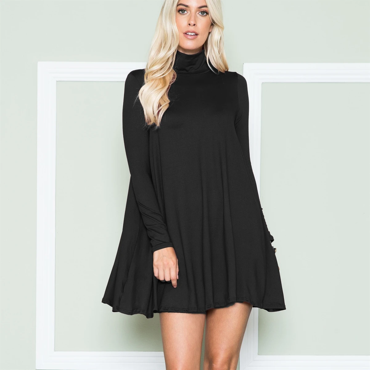 Women's Solid Turtleneck Tunic Dress