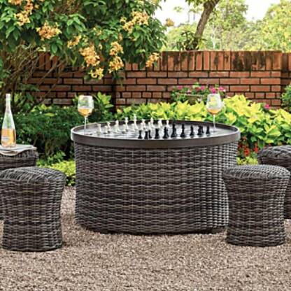 5-Piece Wicker Outdoor Chess Table & Ottoman Set