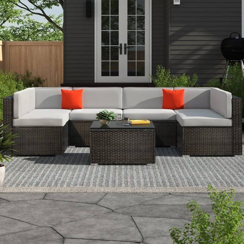 6-Person Wicker Patio Sectional Set w/ Cushions