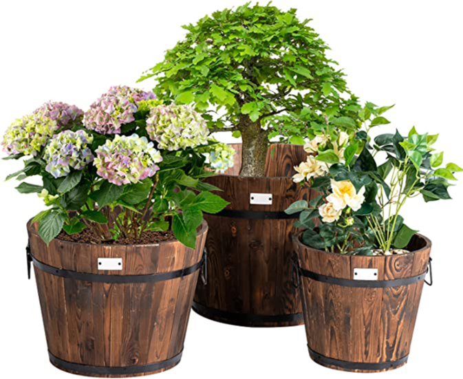 Set of 3 Rustic Wood Barrel Planters