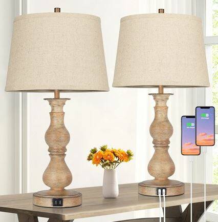 Set of 2 Touch Control Farmhouse Table Lamps w/ USB Ports