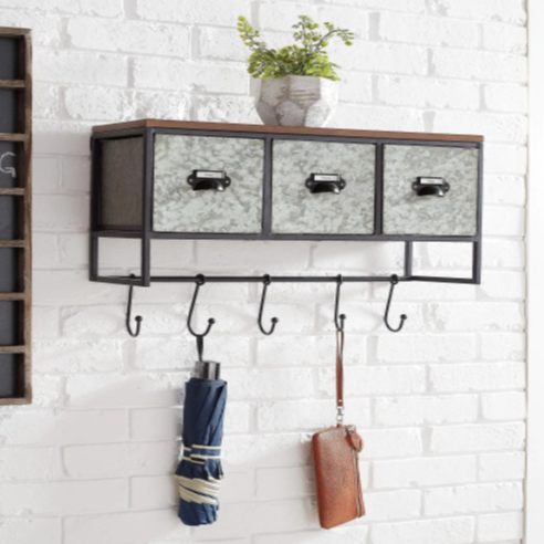 Metal Wall Organizer w/ 3 Cubbies & 5 Hooks