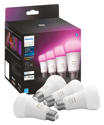 4-Pack Philips Hue 75W A19 White & Color Ambiance Light Bulbs