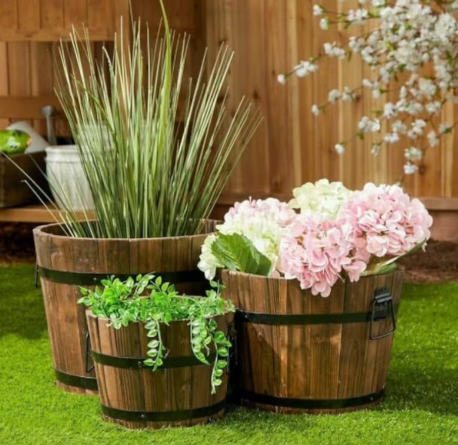 Set of 3 Rustic Wood Barrel Planters