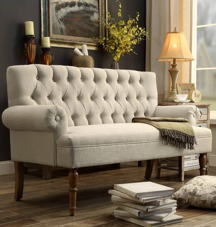 Tufted Linen Rolled Flared Arm Settee