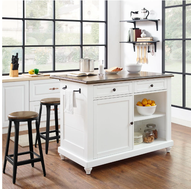 Rustic Oak Top Kitchen Island w/ 2 Stools