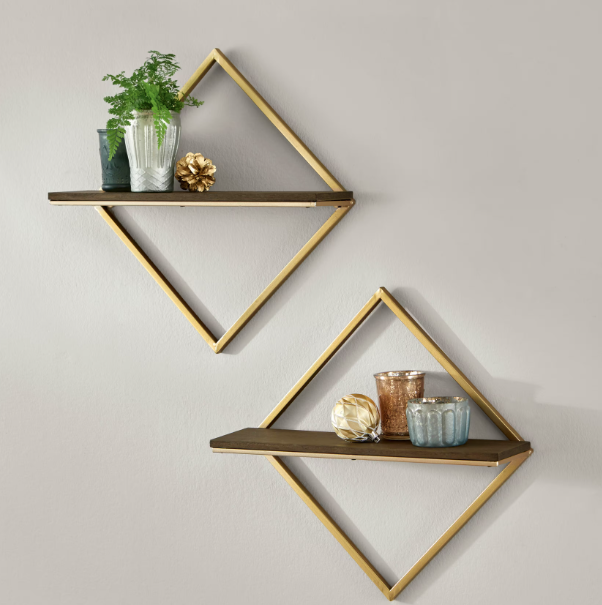 Set of 2 Wood & Gold Metal Wall-Mount Diamond Floating Shelf