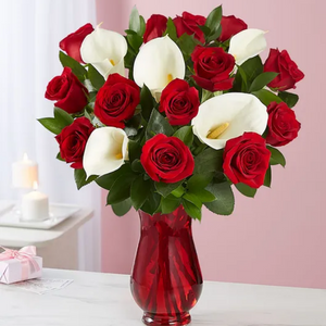 Red Rose & Calla Lily Bouquet w/ Red Vase