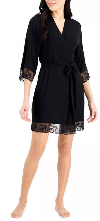 INC Lace Trim Short Wrap Robe