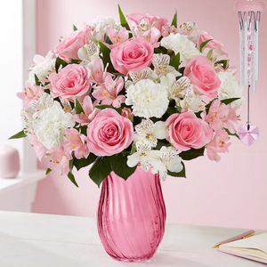 Cherished Blooms Bouquet w/ Pink Vase & Windchime