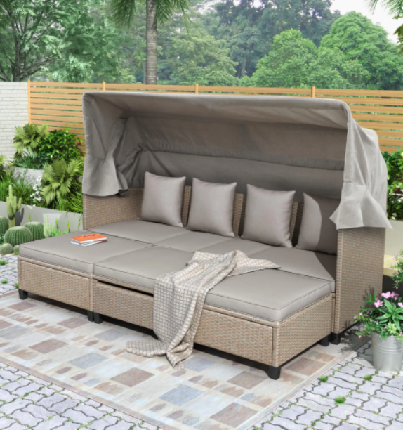 4-Piece Wicker Cushioned Patio Sofa Set w/ Canopy