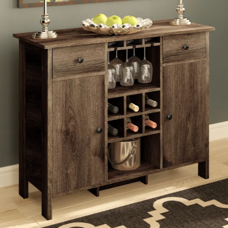 Distressed Walnut Bar Cabinet w/ Wine Storage