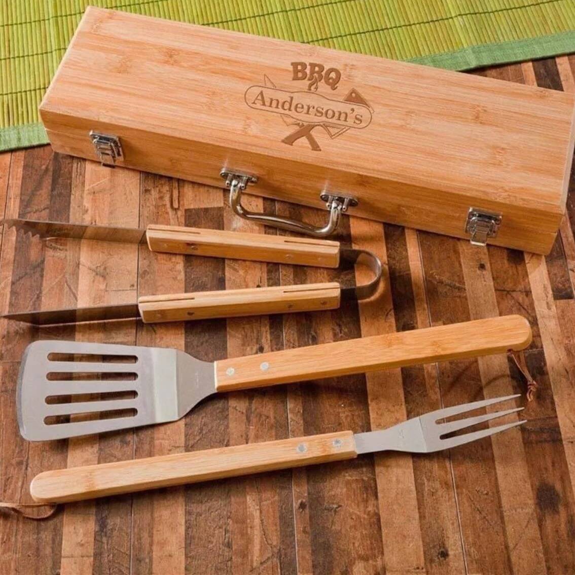 Personalized Wood & Stainless Steel Grill Set