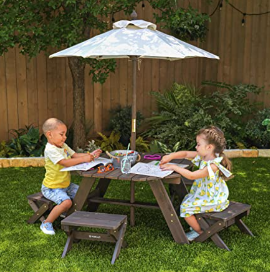 KidKraft Wood Picnic Table, Stools & Umbrella Set