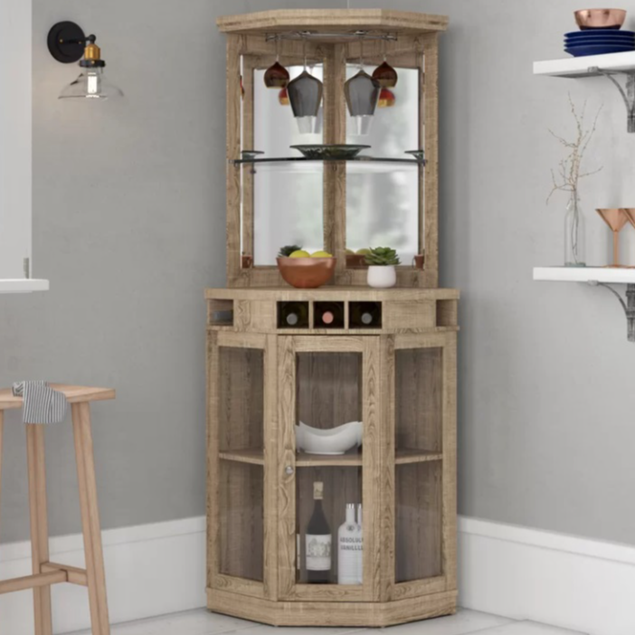 Wood Mirrored Corner Bar w/ Wine Storage