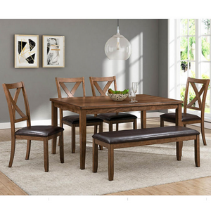 Set of 6 Wood Dining Table & Chairs w/ Bench