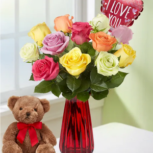 12-Stem I Love You Assorted Roses w/ Vase