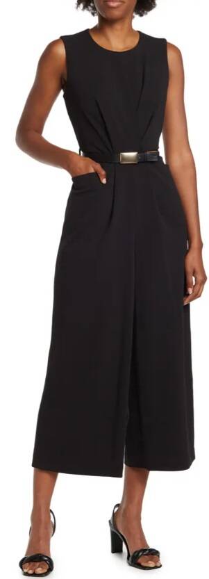 Calvin Klein Belted Sleeveless Pleat Jumpsuit