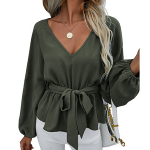 V-Neck Lantern Sleeve Belt Solid Shirt Top