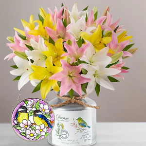 Spring Lily Double Bouquet in Country Roads Milk Jug