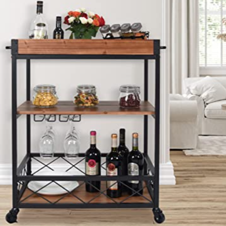 Solid Rustic Wood Bar Serving Cart