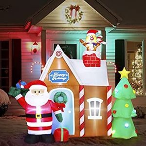 Christmas 7' Inflatable LED Gingerbread House w/ Santa Clause