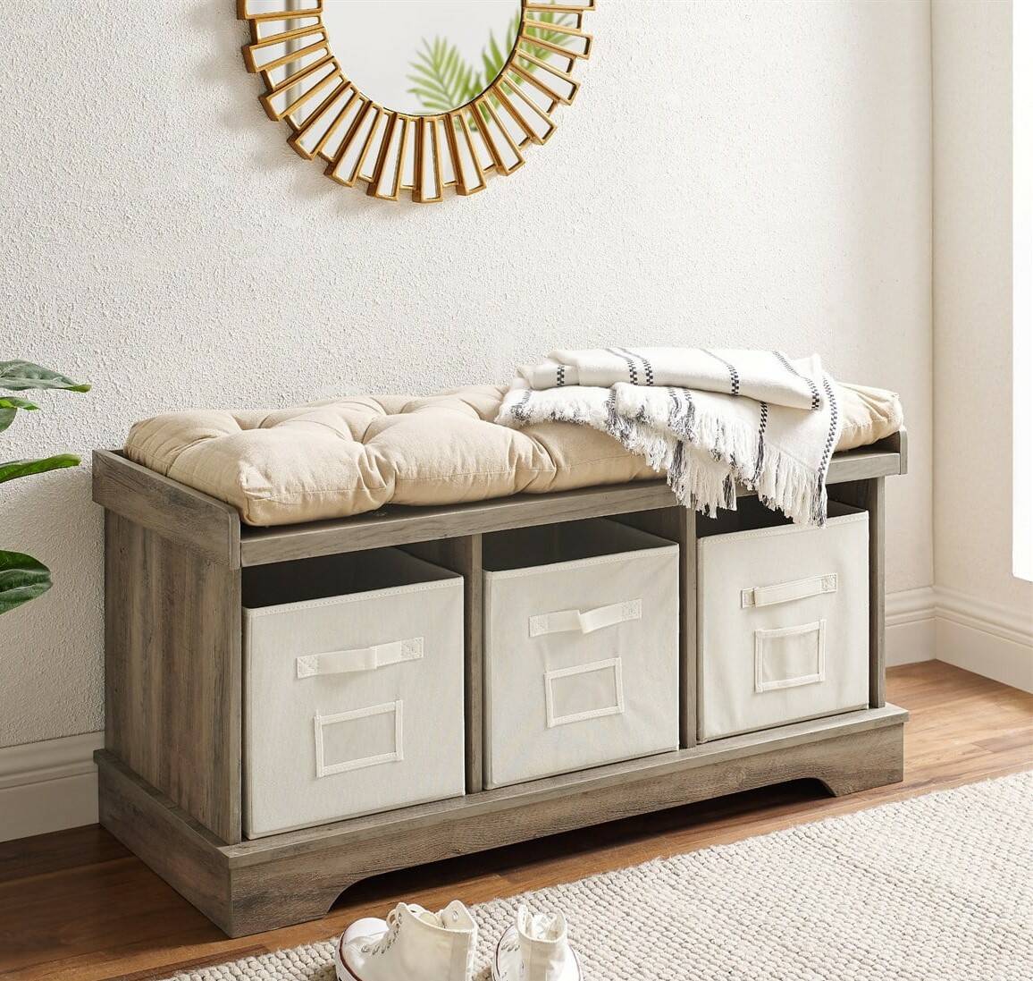 Wood Storage Bench w/ Bins & Cushion