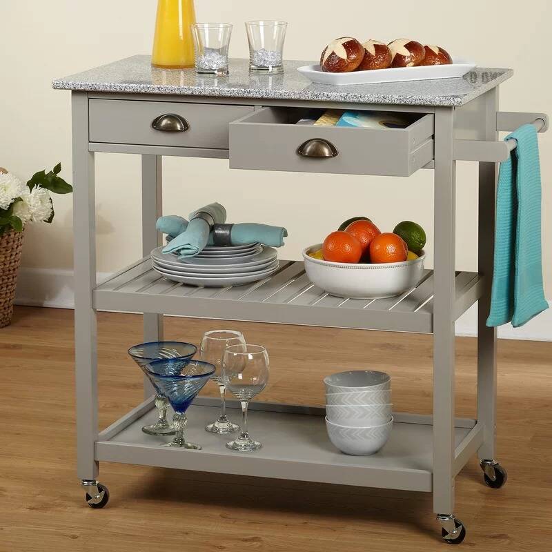 Wooden Rolling Kitchen Cart w/ Granite Top