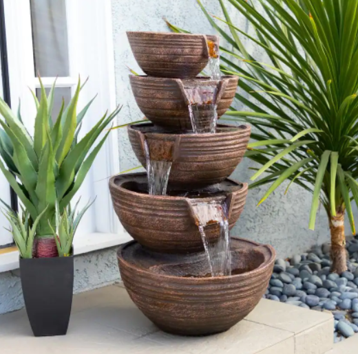 Outdoor 5-Tier Bowl Cascading Fountain w/ LED Lights