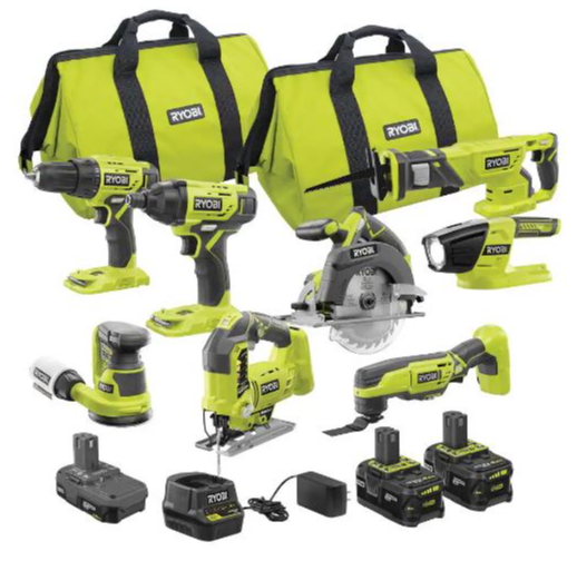 Ryobi One+ 18V Cordless 8-Tool Kit w/3 Batteries & Charger