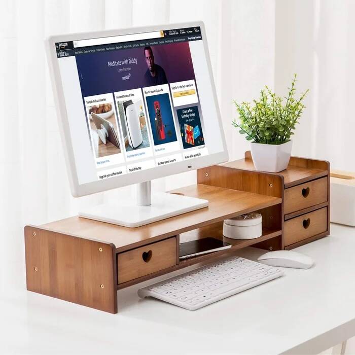 Bamboo Monitor Stand Desk Organizer w/ 3 Storage Drawers