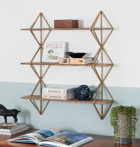 Wood & Gold Metal Wall-Mount Bookshelf