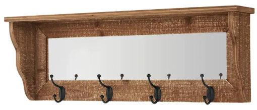 Wood Floating Wall Shelf w/ Mirror & Hooks