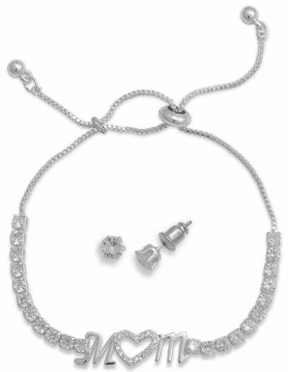 Silver Plated Mom Bracelet & Stud Earring Set