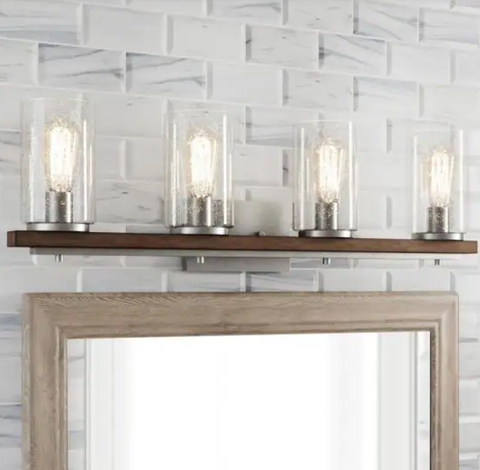 4-Light Galvanized Vanity Light w/ Painted Chestnut Wood Accents