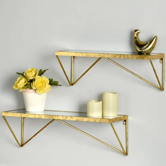 Set of 2 Gold Metal Wall-Mount Floating Shelf