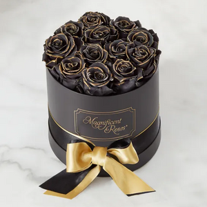 Dozen of Gold Kissed Black Roses Box