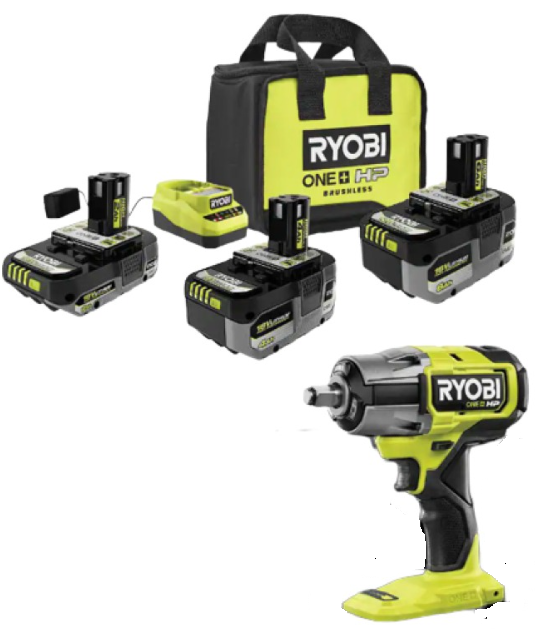 Ryobi ONE+ 18V 3-Pack Batteries & Charger Kit w/ HP Brushless Impact Wrench