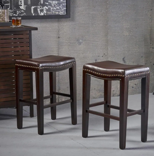 Set of 2 Faux Leather & Wood Bar Stools