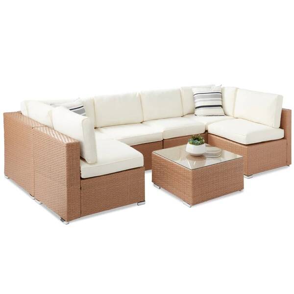 7-Piece Modular Wicker Sectional Set w/ 2 Pillows & Protective Cover