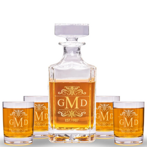 Personalized Whiskey Decanter & 4 Engraved Glass Set