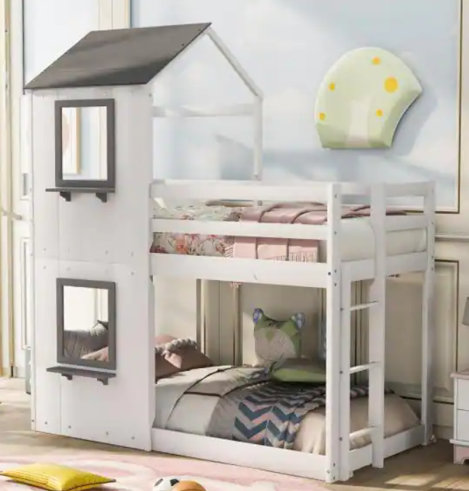 Twin Over Twin Wood Bunk Bed w/ Roof & Window