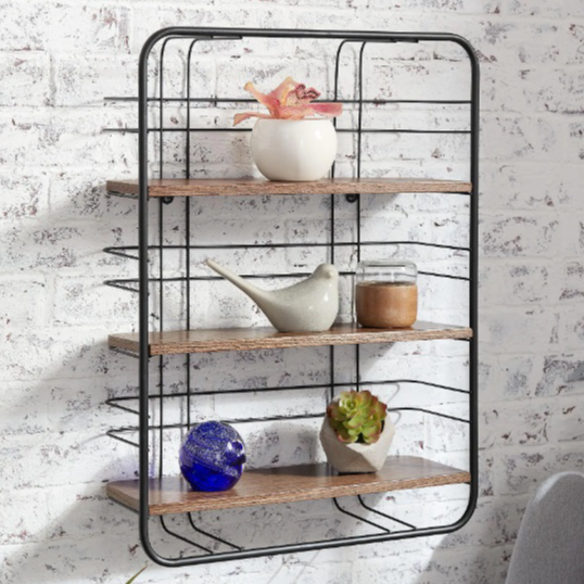 Wood & Metal Wire Wall-Mount Bookshelf