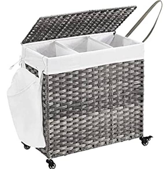 Wicker Rolling 3-Bag Laundry Hamper