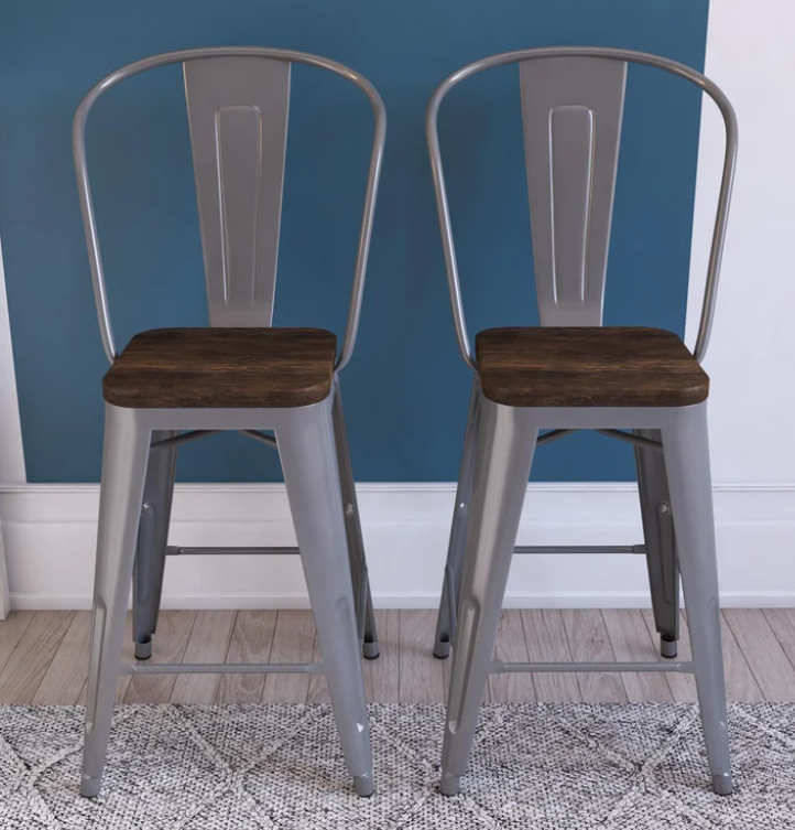 Set of 2 Solid Wood Counter & Bar Stool