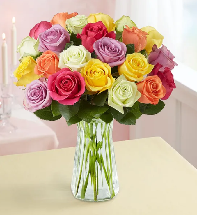 Two Dozen Assorted Roses + Vase