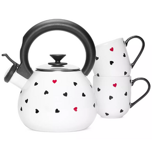 Heart-Print Kettle & 2 Stoneware Mugs